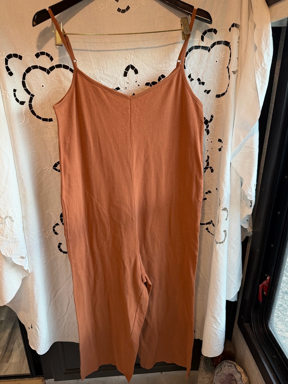 Coyuchi Solstice Organic Cotton Wide Leg Romper Jumpsuit Rust Small yoga soft